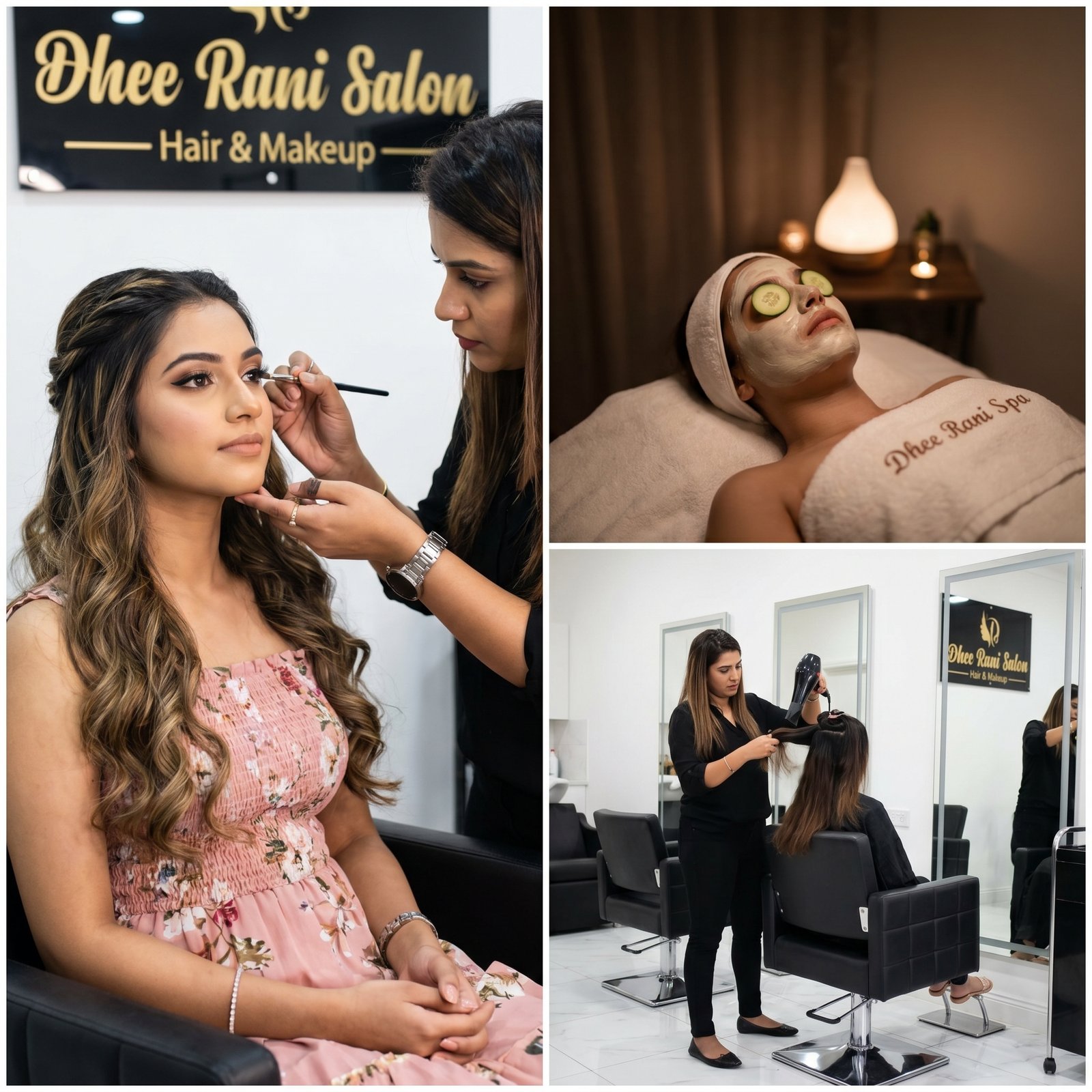 Dhee Rani Salon black and gold brand board